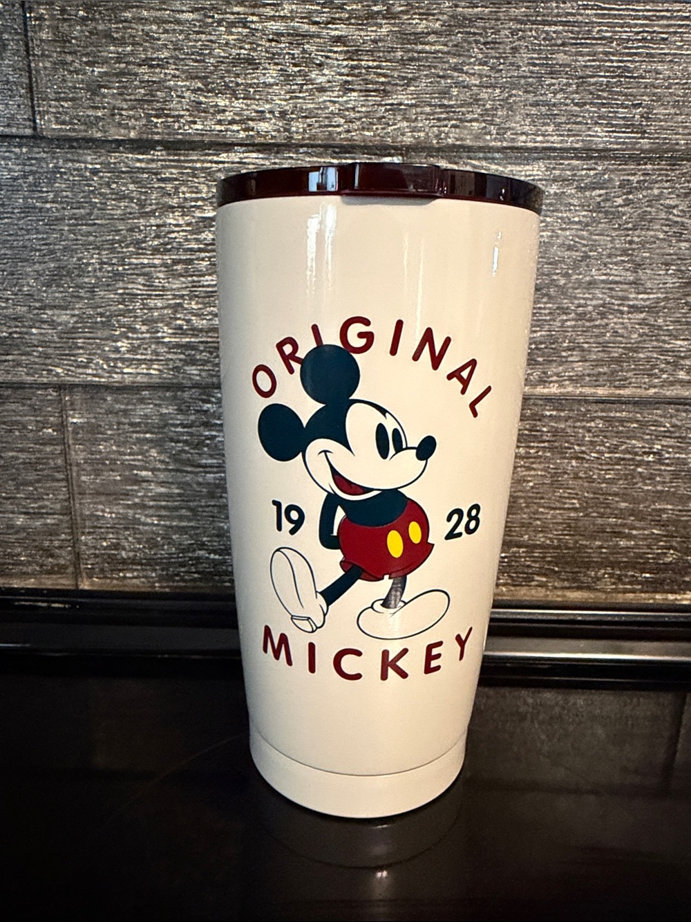 Vintage Disney Cream Mickey Mouse Travel Tumbler with Red and Black Accents